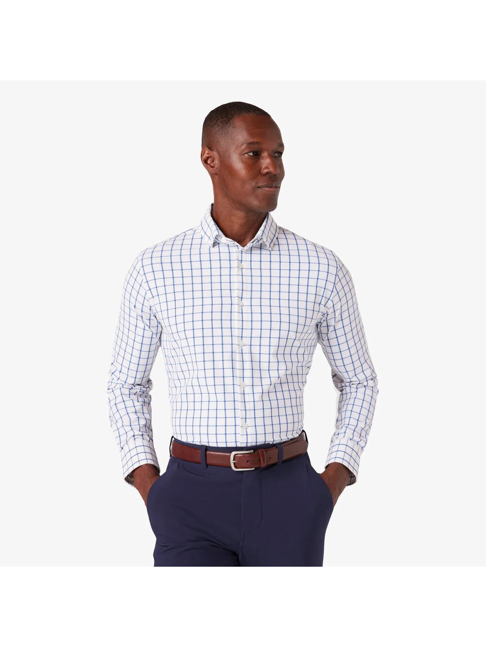 Mizzen + Main Leeward Long Sleeve Dress Shirt  White Navy Windowpane, Size Large